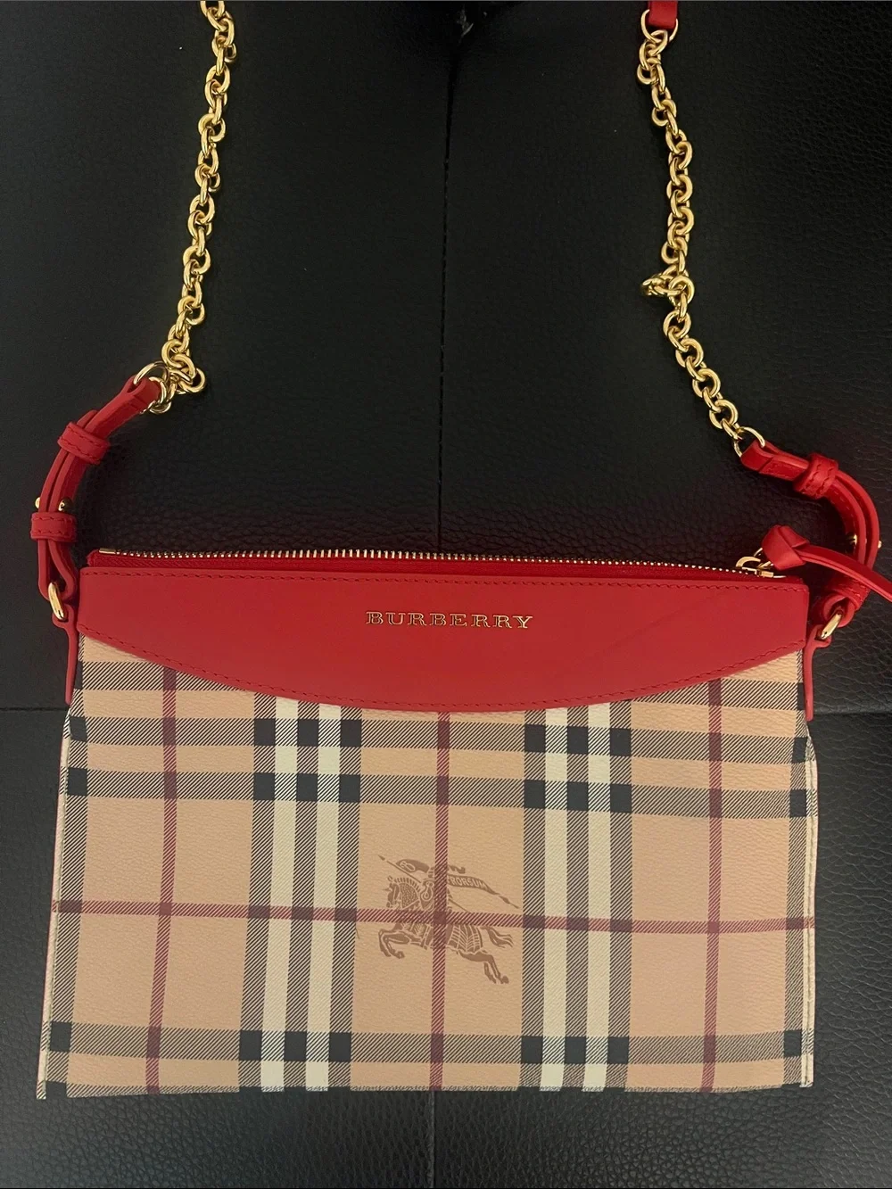 Burberry Red Trim Beige Check Canvas Crossbody Bag with Gold Chain